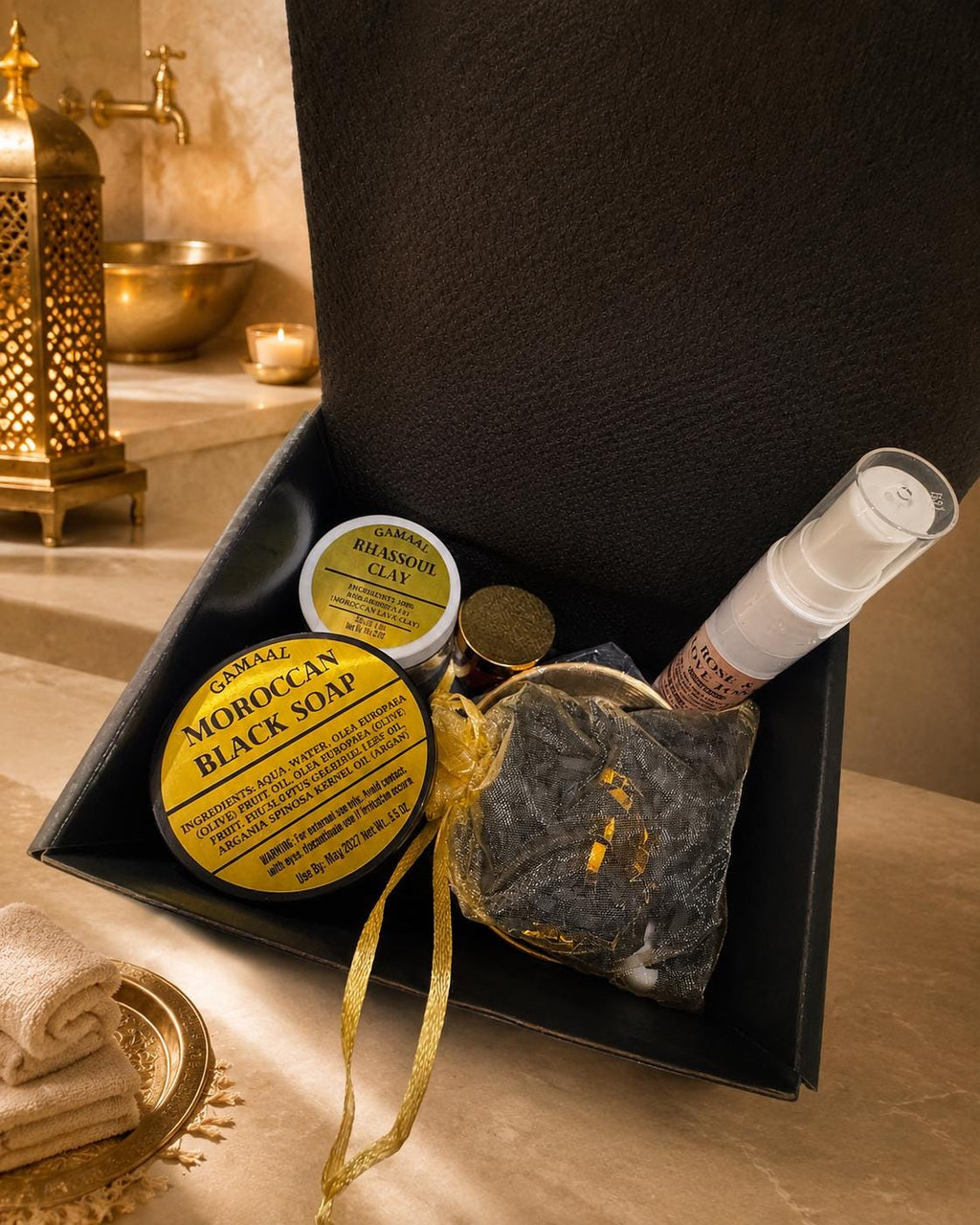 Moroccan Hammam Spa Kit | Black Soap, Rhassoul Clay, Rose Water, Oud Oil, Kessa