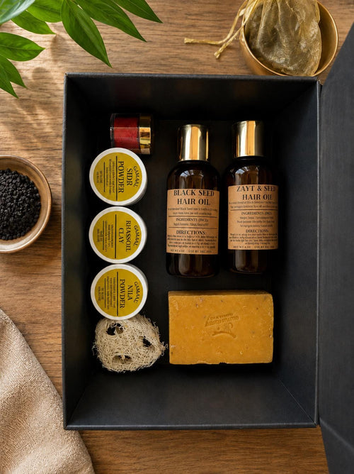 Complete Spa Set / Moroccan Hammam Inspired | Black Soap, Rhassoul Clay, Rose Water, Oud Oil, Kessa, Black Seed Oil