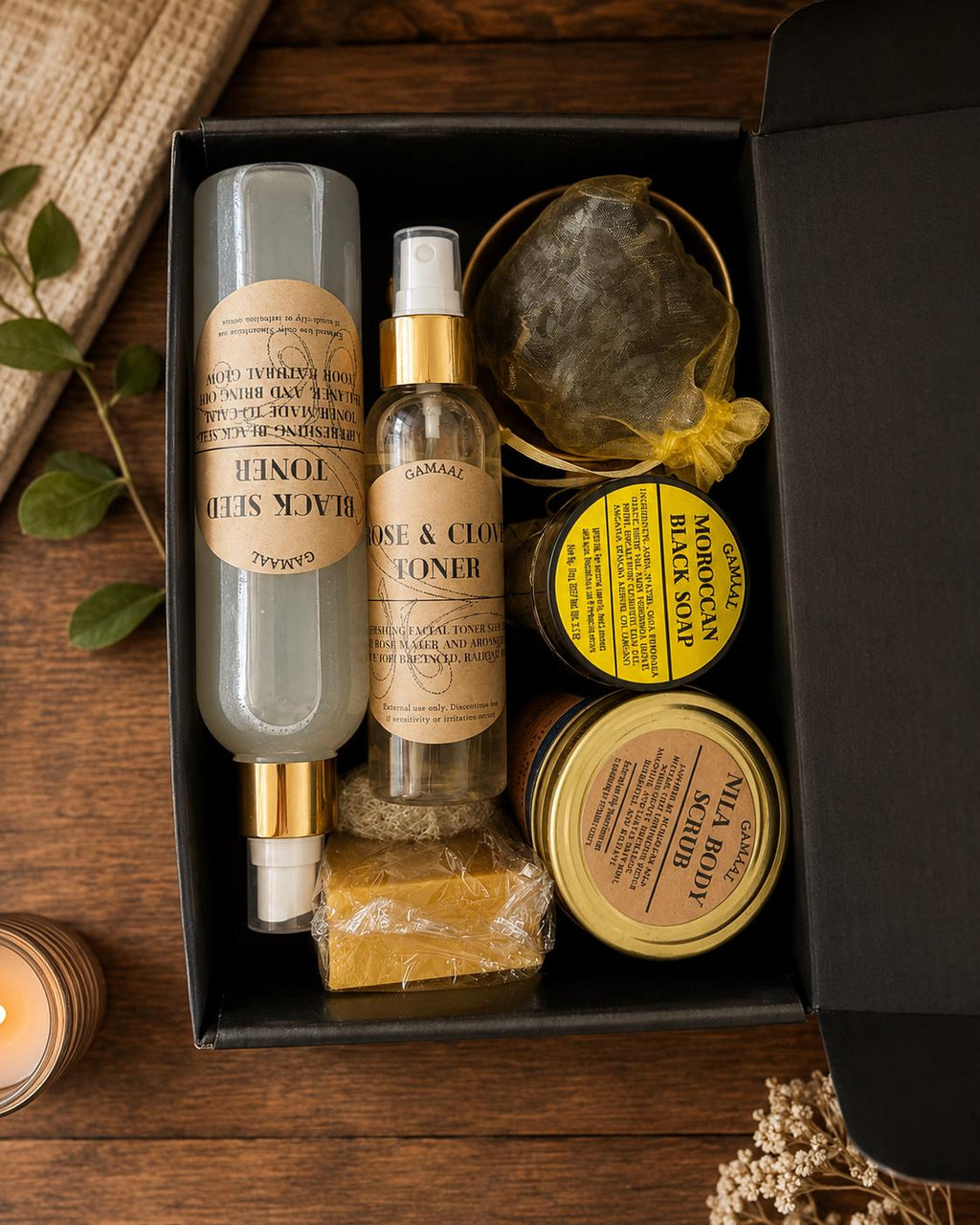 Complete Spa Set / Moroccan Hammam Inspired | Black Soap, Rhassoul Clay, Rose Water, Oud Oil, Kessa, Black Seed Oil