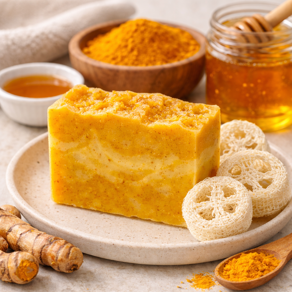 Turmeric & Honey Soap Bar | Handmade Shea Butter Soap with Mini Loofah